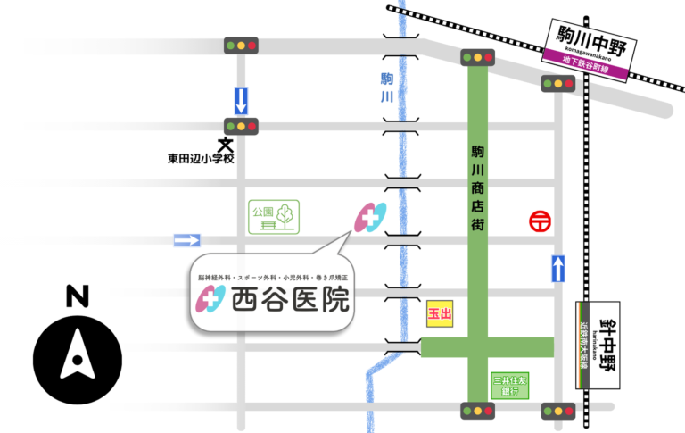 東住吉の脳神経外科西谷医院への簡易マップ画像です。大阪メトロ 地下鉄谷町線 駒川中野駅、近鉄南大阪線 針中野駅から徒歩5分でお越しいただけます。